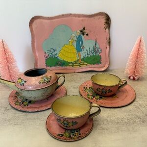 Vintage Ohio Art Tin Litho Tea Set Children’s pink yellow birds Victorian couple